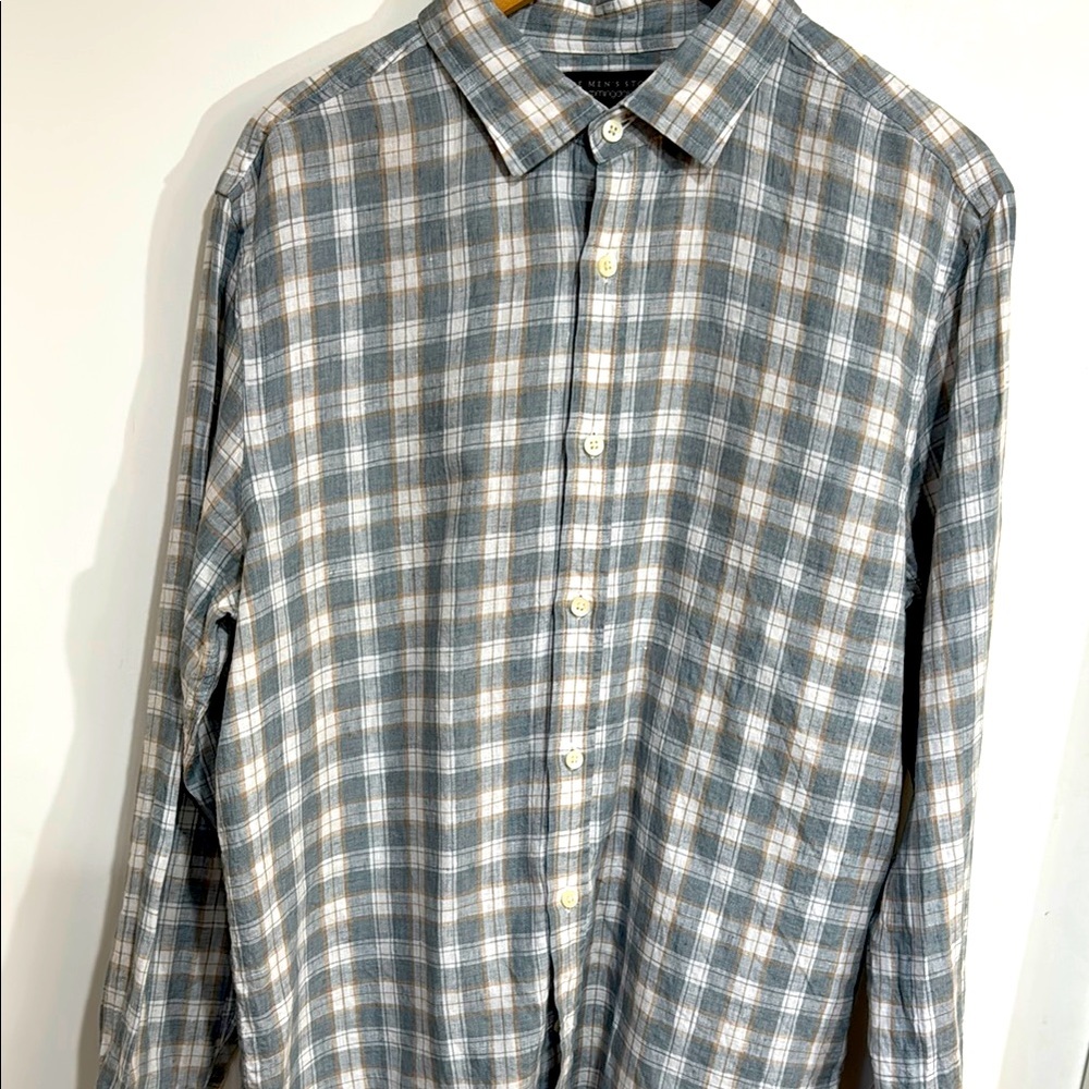 Bloomingdales Check Linen Shirt Green Tan White Size L
